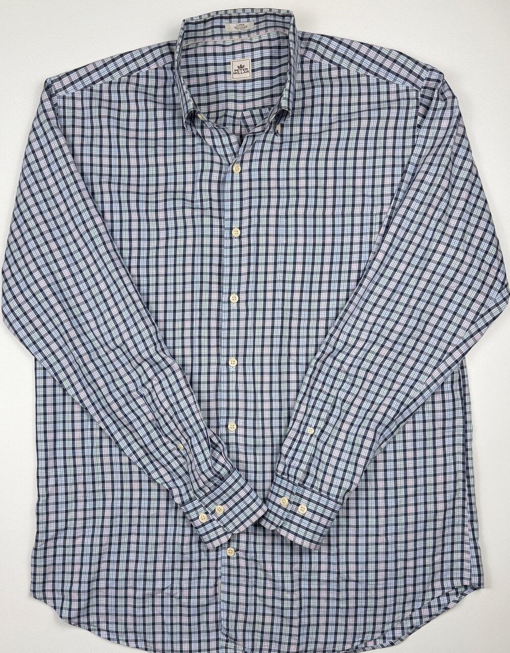 Peter Millar Mens Large Blue Plaid Button Down Shirt 100% Cotton Long Sleeve